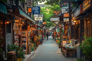 A narrow and complex city alley with few people and many restaurant signs, an emotional landscape that exudes a Korean yet oriental feel.