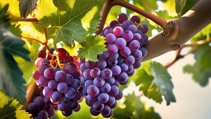 image of fresh grapes, on green leaves stock