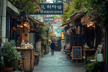 Fototapeta premium A narrow and complex city alley with few people and many restaurant signs, an emotional landscape that exudes a Korean yet oriental feel.