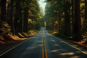 Obraz premium Scenery of a road crossing a dense forest with tall trees