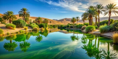 Obraz premium Tranquil green oasis amidst desert sands, offering a serene and isolated nature retreat