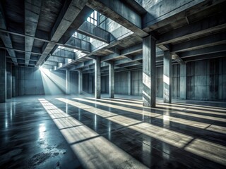 Obraz premium Dark grungy concrete floor or wall texture with dramatic intersecting light beams casting long, abstract shadows, evoking a sense of industrial mystery and urban decay.