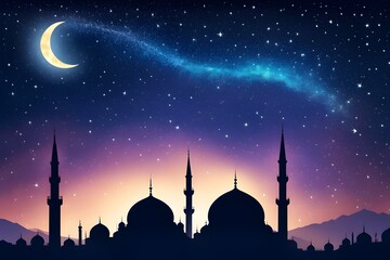 A beautiful night sky with a crescent moon and stars