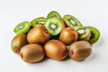 Fototapeta premium Fresh Kiwi Fruit Slices and Whole Kiwis on White Background.