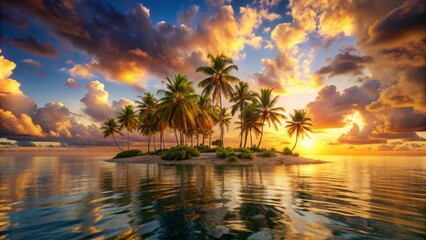 Obraz premium Tropical island paradise with palm trees and golden sunset clouds