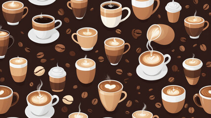 Seamless pattern with coffee cups, latte art, and coffee beans on dark background, cozy cafe theme