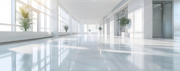 Empty Modern Office Hallway with Large Windows and Shiny Floor