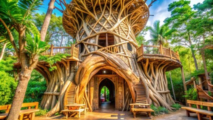 Elaborate Treehouse Structure in a Lush Forest Setting