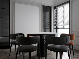 Cozy dining room interior with a soft beige chairs, marble table and white classic pattern wall background. 3d render.