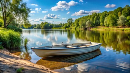 Obraz premium PVC boat parked on the river bank on a sunny summer day, PVC boat, river bank, summer, day, sunny, water