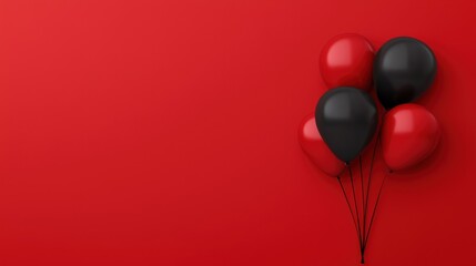 Colorful balloons in red and black against a vibrant red background, perfect for celebrations, parties, or festive occasions.