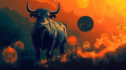 Bull Market Stock Illustration, Orange and Blue