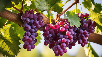 Fototapeta premium image of fresh grapes, on green leaves stock