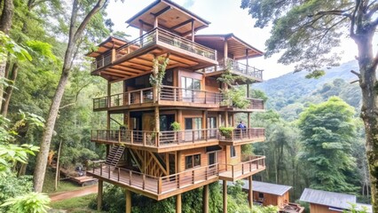 Obraz premium Multi-level wooden treehouse with balconies overlooking a lush green forest