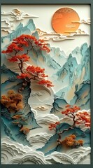 beautiful and detailed illustration of an Asian landscape with trees, mountains