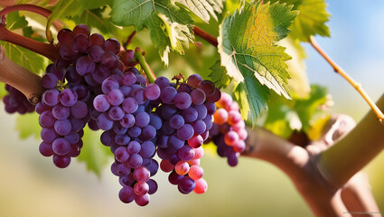Obraz premium image of fresh grapes, on green leaves stock