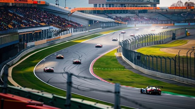 Race cars speeding on a track during a motorsport event. Professional racing on a bright day at the stadium Generative by AI