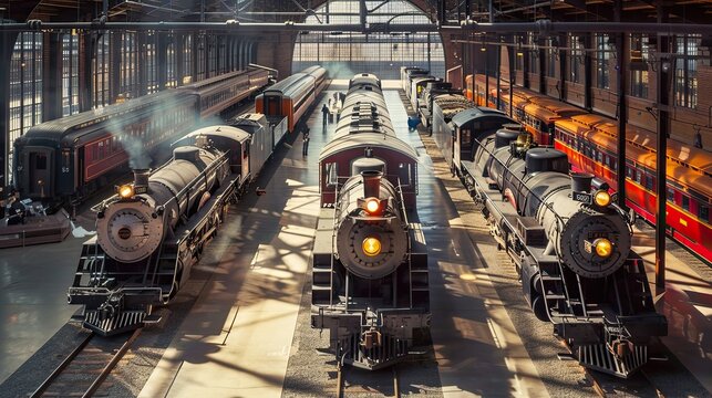 Interior view of a large train station with multiple vintage steam locomotives on display. The station features several trains on parallel tracks under an industrial-style roof. Generative by AI