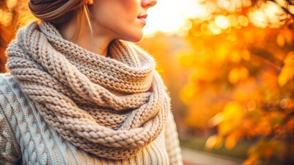 Woman in Knitted Scarf Against a Blurred Autumn Background.