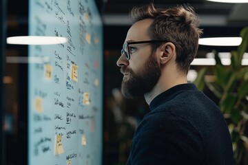 A Creative Director examining digital mockups on a large screen with detailed feedback notes