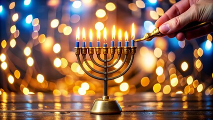 Menorah with Burning Candles and Festive Lights.