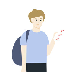 Student boy hand holding failed exam test paper form. Teen feeling sad with low score result. Education, learning, anxiety, stress, evaluation concept. Flat vector character design illustration.
