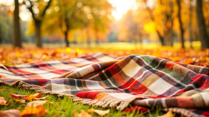 Plaid Blanket On Autumn Grass With Blurred Background.