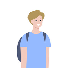 Happy teenager boy carrying backpack. Smiling student portrait. Back to School, Education, knowledge, learning concepts. Flat character vector design isolated illustration.