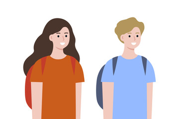 Happy teenager boy and girl carrying backpack. Smiling student portrait. Back to School, Education, knowledge, learning concepts. Flat people character vector design isolated illustration.