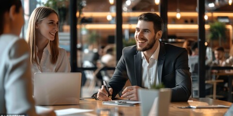 Young male and female businessmen are discussing business in a coffee shop