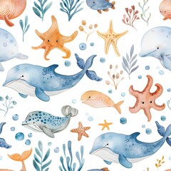 A whimsical underwater scene featuring various marine animals and plants in soft colors.