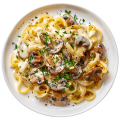 Creamy mushroom pasta on a plate on a transparent background