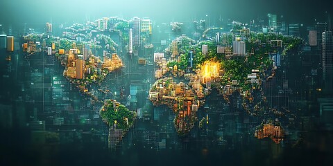 Obraz premium World Map Illustration with Green Buildings and Digital Network