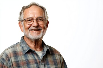 Obraz premium Half body shot of an elderly male presenter with a friendly smile, dressed in a casual shirt, standing in front of a solid white background