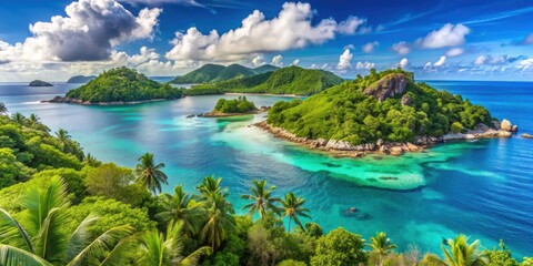 Panoramic view of Mahe Island coastline with lush vegetation, crystal blue ocean