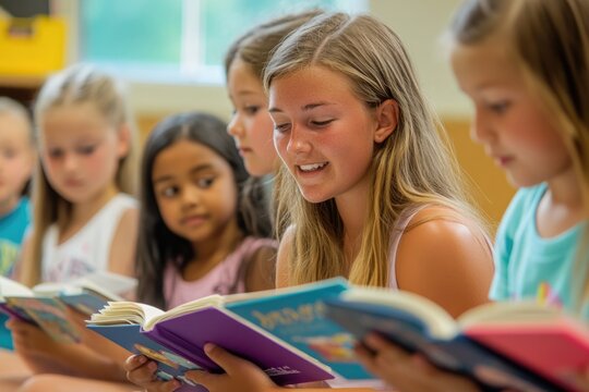 Students reading aloud in class, practicing their reading skills while their teacher offers support and encouragement in a nurturing learning environment