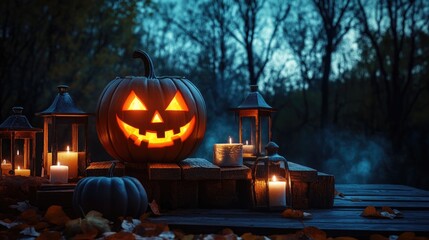 Fototapeta premium Dark Halloween night featuring a Jack O' Lantern glowing on wooden planks, surrounded by a lantern and candle, with the silhouette of dead trees in the background