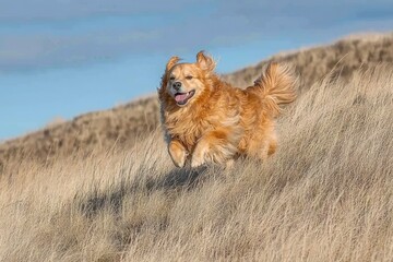 A joyful golden retriever runs freely through a field, showcasing its playful spirit and vibrant energy against a scenic backdrop.