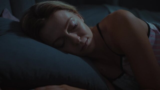 Woman peacefully sleeping in a dimly lit bedroom at night
