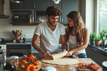 A young couple in a stylish kitchen, rolling out pizza dough together, clearly enjoying the hands-on experience of making dinner at home