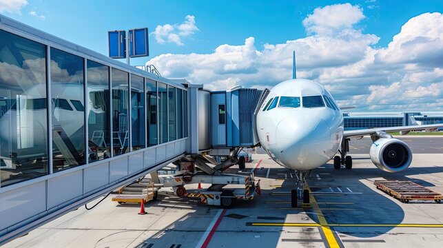 Commercial airplane docked at a jet bridge at an airport terminal under a bright blue sky. The aircraft is preparing for boarding with airport equipment. Generative by AI - Powered by Adobe