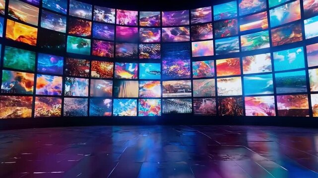 Step into a futuristic room adorned with an array of monitors and screens, forming an impressive video wall that envelops the space with a captivating visual display. Generative AI