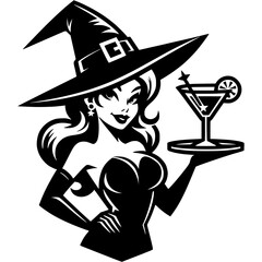 Glamorous waitress dressed as Halloween witch serves cocktails in monochrome. Simple minimalistic vector in black ink drawing on transparent background