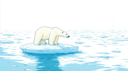 Naklejka premium Illustration of a polar bear standing on a small, melting ice floe in the Arctic, climate change and habitat loss