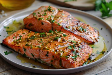 Baked salmon with a honey mustard glaze on a plate