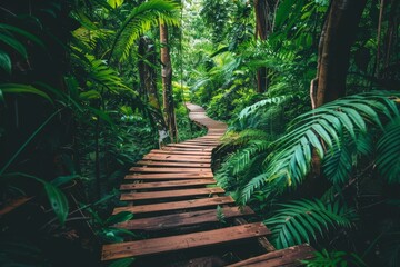 A winding wooden path through a lush green forest.