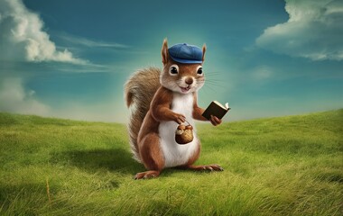 A squirrel standing upright on a grassy field