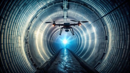 Drone exploring dark tunnel, showcasing advanced underground technology , Drone, technology, underground, tunnel