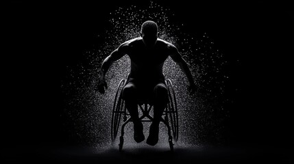 A powerful silhouette of a wheelchair user, showcasing strength and determination against a dramatic backdrop of water droplets.