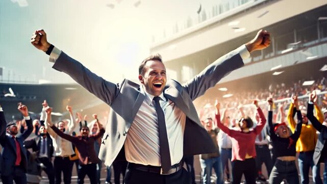  a businessman crossing the finish line with enthusiasm, arms in the air and a broad smile, illustrating the concept of winning and competitive success in the business world,generative ai